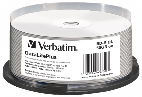 Диск BD-R Verbatim 50Gb 6x Cake Box (25шт) Double Layer Printable (43750)