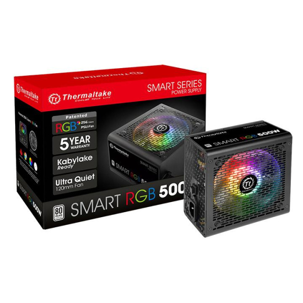 Блок питания Thermaltake ATX 500W Smart RGB 500 80+ (24+4+4pin) APFC 120mm fan color LED 6xSATA RTL