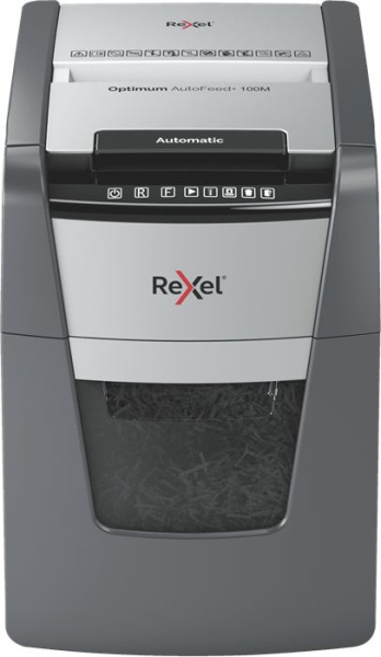 Шредер Rexel Optimum AutoFeed 100M черный с автоподачей (секр.P-5) фрагменты 100лист. 34лтр. скрепки скобы пл.карты