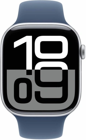 Смарт-часы Apple Watch Series 10 A2999 46мм 2.1" OLED корп.серебристый Sport Band рем.синий разм.брасл.:160-210мм (MWWM3LW/A)