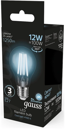 Лампа светодиодная Gauss Filament 102902212 12Вт цок.:E27 груша 185B св.свеч.бел.нейт. грушевидная (упак.:10шт)