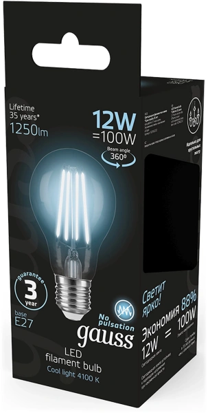 Лампа светодиодная Gauss Filament 102902212 12Вт цок.:E27 груша 185B св.свеч.бел.нейт. грушевидная (упак.:10шт)