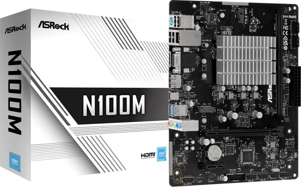 Материнская плата Asrock N100M 1xDDR4 mATX AC`97 6ch(5.1) GbLAN+VGA+HDMI+DP