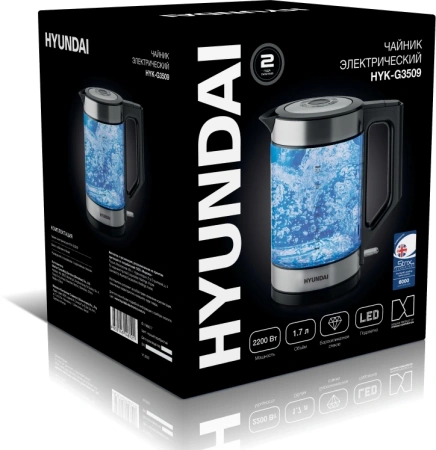 Чайник Hyundai HYK-G3509 1.7л. 2200Вт черный/прозрачный (стекло/пластик)
