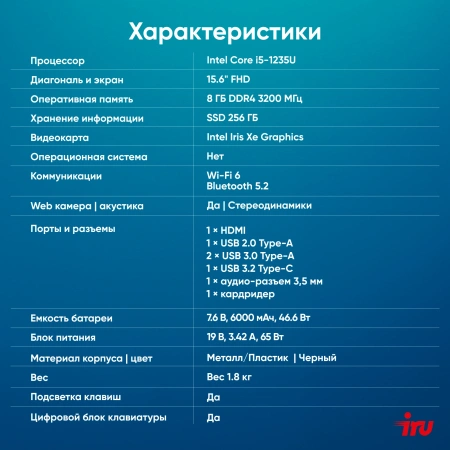 Ноутбук IRU Strato 15ALI Core i5 1235U 8Gb SSD256Gb Intel Iris Xe graphics 15.6" IPS FHD (1920x1080) Free DOS black 6000mAh (2058943)