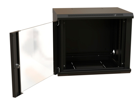 Шкаф коммутационный WRline (WR-TW-1266-GP-RAL9004) настенный 12U 600x600мм пер.дв.стекл 2 бок.пан. направл.под винты 60кг черный 500мм 650мм IP20 сталь