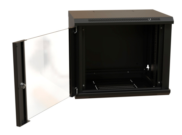 Шкаф коммутационный WRline (WR-TW-1266-GP-RAL9004) настенный 12U 600x600мм пер.дв.стекл 2 бок.пан. направл.под винты 60кг черный 500мм 650мм IP20 сталь