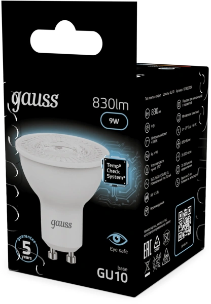 Лампа светодиодная Gauss 101506209 9Вт цок.:GU10 (упак.:10шт) рефлек. 150B св.свеч.бел.нейт. MR16