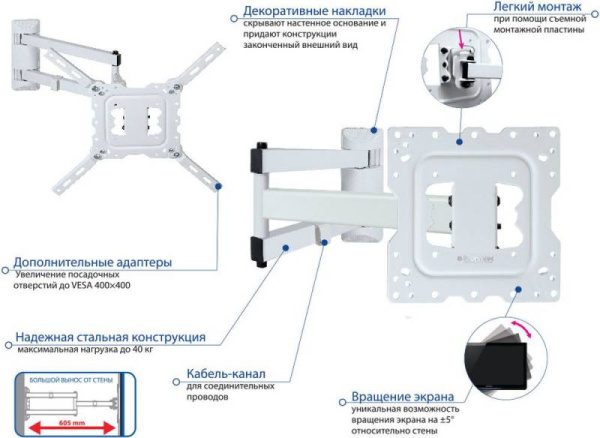 Кронштейн для телевизора Kromax DIX-18 белый 22"-65" макс.40кг настенный поворот и наклон