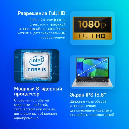 Ноутбук Acer Extensa 15 EX215-34-32RU i3 N305/16Gb/SSD512Gb/15.6"/IPS/FHD/noOS/silver