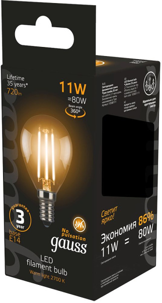 Лампа светодиодная Gauss Filament 11Вт цок.:E14 шар 220B 2700K св.свеч.бел.теп. (упак.:10шт) (105801111)