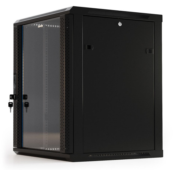 Шкаф коммутационный Hyperline (TWB-1866-GP-RAL9004) настенный 18U 600x600мм пер.дв.стекл 2 бок.пан. 60кг черный 908мм IP20 сталь