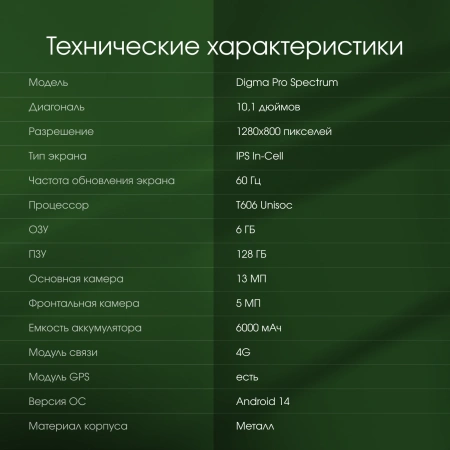 Планшет Digma Pro Spectrum T606 (1.6) 8C RAM6Gb ROM128Gb 10.1" IPS 1280x800 4G 2Sim Android 14 темно-серый 13Mpix 5Mpix BT WiFi microSD 512Gb 6000mAh