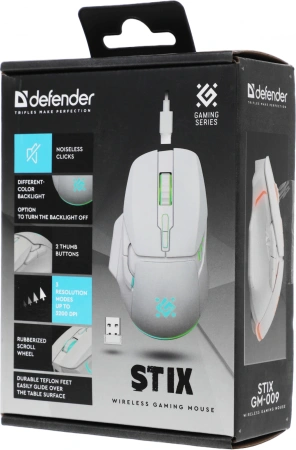 Мышь Defender Stix GM-009 белый оптическая 3200dpi беспров. USB-C 6but (52009)