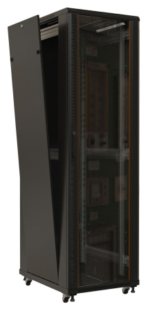Шкаф коммутационный Hyperline (TTB-2266-AS-RAL9004) напольный 22U 600x600мм пер.дв.стекл задн.дв.спл.стал.лист 2 бок.пан. 800кг черный 510мм 1166мм IP20 сталь