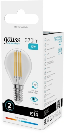 Лампа филам. Gauss Filament 10Вт цок.:E14 шар св.свеч.бел.нейт. (упак.:10шт) (52120)