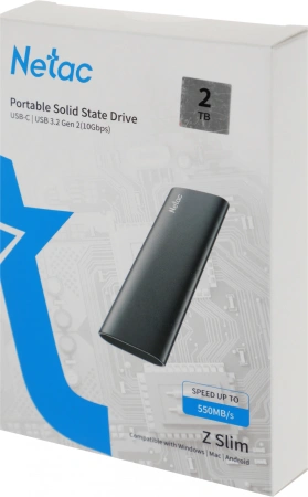 Накопитель SSD Netac USB-C 2Tb NT01ZSLIM-002T-32BK Z Slim 1.8" черный
