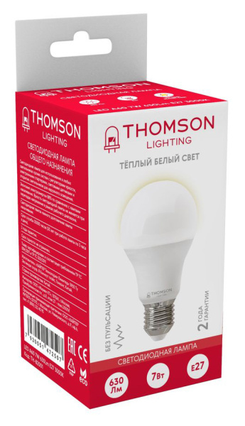 Лампа светодиодная Thomson TH-B2001 7Вт цок.:E27 груша 220B 3000K св.свеч.бел.теп. A (упак.:1шт)