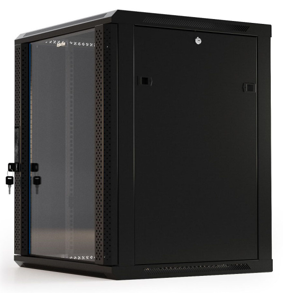 Шкаф коммутационный Hyperline (TWB-0966-GP-RAL9004) настенный 9U 600x600мм пер.дв.стекл 2 бок.пан. 60кг черный 500мм IP20 сталь