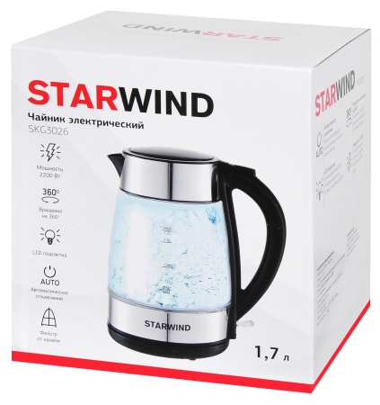 Чайник электрический Starwind SKG3026 1.7л. 2200Вт черный/серебристый (корпус: стекло)