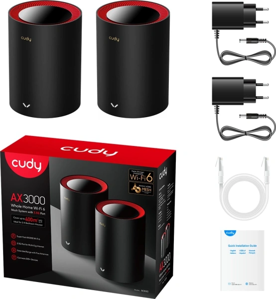 Бесшовный Mesh роутер Cudy M3000 (M3000(2-PACK)) AX3000 100/1000/2500BASE-T черный (упак.:2шт)