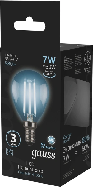 Лампа светодиодная Gauss Filament 7Вт цок.:E14 шар 220B св.свеч.бел.нейт. P45 (упак.:10шт) (105801207)