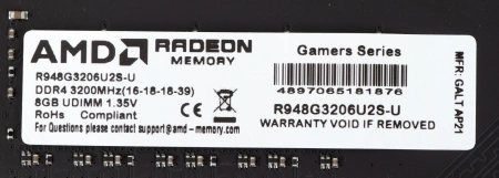 Память DDR4 8Gb 3200MHz AMD R948G3206U2S-U Radeon R9 Gamer Series RTL Gaming PC4-25600 CL16 DIMM 288-pin 1.35В Ret