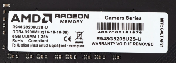 Память DDR4 8Gb 3200MHz AMD R948G3206U2S-U Radeon R9 Gamer Series RTL Gaming PC4-25600 CL16 DIMM 288-pin 1.35В Ret