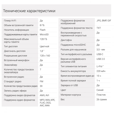 Плеер Hi-Fi Flash Digma B4 8Gb синий/1.8"/FM/microSDHC