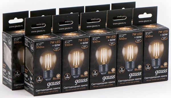 Лампа филам. Gauss 7Вт цок.:E27 шар 220B 2700K св.свеч.бел.теп. G45 (упак.:10шт) (105802107)