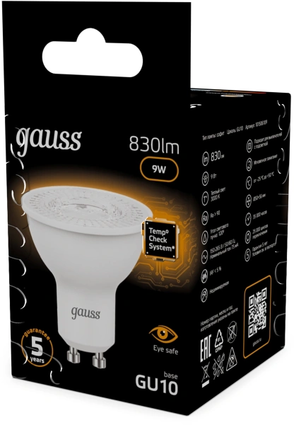 Лампа светодиодная Gauss 101506109 9Вт цок.:GU10 рефлек. 220B св.свеч.бел.теп. MR16 (упак.:10шт)