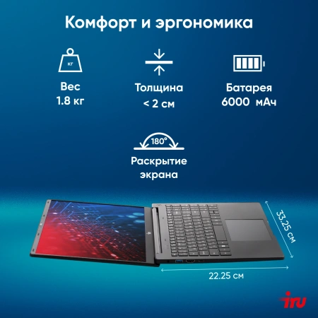 Ноутбук IRU Strato 15ALI Core i7 1255U 16Gb SSD512Gb Intel Iris Xe graphics 15.6" IPS FHD (1920x1080) Windows 11 Professional black 6000mAh (2059127)