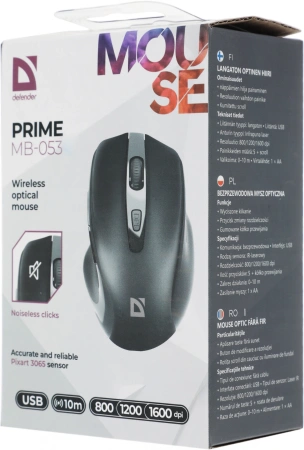 Мышь Defender Prime MB-053 черный оптическая 1600dpi silent беспров. USB для ноутбука 5but (52053)