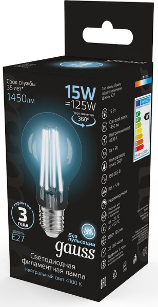 Лампа светодиодная Gauss Filament 102902215 15Вт цок.:E27 груша 220B 4100K св.свеч.бел.нейт. (упак.:1шт)