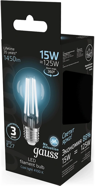 Лампа светодиодная Gauss Filament 102902215 15Вт цок.:E27 груша 220B св.свеч.бел.нейт. (упак.:10шт)