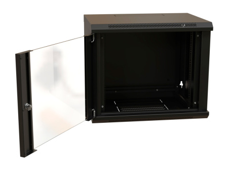 Шкаф коммутационный WRline (WR-TW-1245-GP-RAL9004) настенный 12U 600x450мм пер.дв.стекл 2 бок.пан. направл.под винты 60кг черный 350мм 650мм IP20 сталь