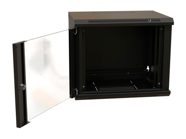 Шкаф коммутационный WRline (WR-TW-1245-GP-RAL9004) настенный 12U 600x450мм пер.дв.стекл 2 бок.пан. направл.под винты 60кг черный 350мм 650мм IP20 сталь