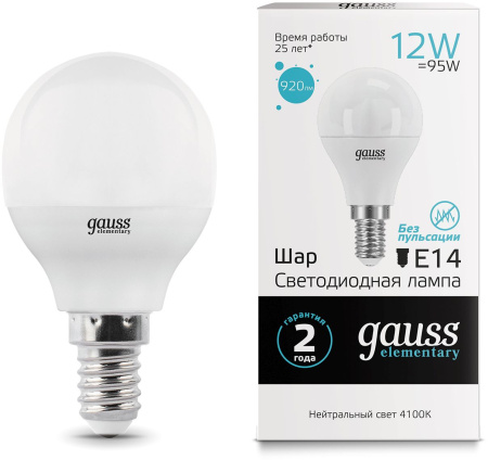 Лампа светодиодная Gauss Elementary 12Вт цок.:E14 шар 220B 4100K св.свеч.бел.нейт. (упак.:10шт) (53122)