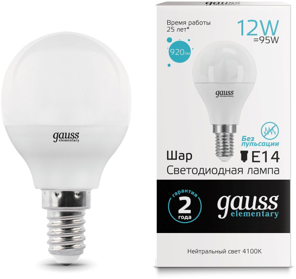 Лампа светодиодная Gauss Elementary 12Вт цок.:E14 шар 220B 4100K св.свеч.бел.нейт. (упак.:10шт) (53122)