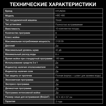 Посудомоечная машина встраив. Hyundai HBD 480 2100Вт узкая