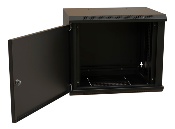 Шкаф коммутационный WRline (WR-TW-1266-SR-RAL9004) настенный 12U 600x600мм пер.дв.металл 2 бок.пан. направл.под винты 60кг черный 520мм 650мм IP20 сталь