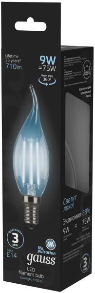 Лампа светодиодная Gauss Filament 9Вт цок.:E14 свеча 220B 4100K св.свеч.бел.нейт. CF35 (упак.:1шт) (104801209)