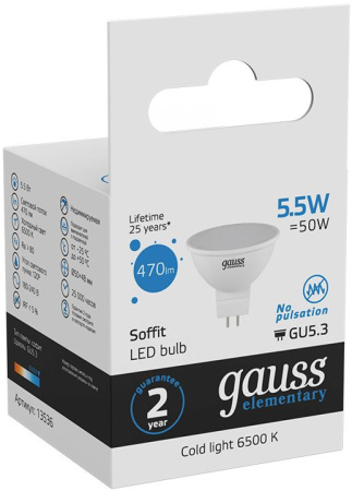 Лампа светодиодная Gauss Elementary MR16 6Вт цок.:GU5.3 спот 220B 6500K св.свеч.бел.хол. MR16 (упак.:10шт) (13536)