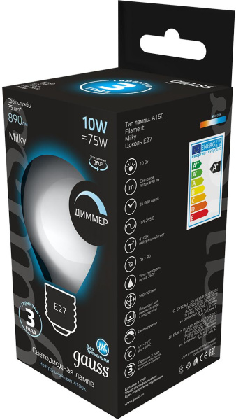 Лампа светодиодная Gauss Filament 179202210-D 10Вт цок.:E27 груша 220B 4100K св.свеч.бел.нейт. (упак.:1шт)