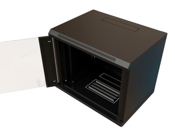 Шкаф коммутационный WRline (WR-TW-1266-GP-RAL9004) настенный 12U 600x600мм пер.дв.стекл 2 бок.пан. направл.под винты 60кг черный 500мм 650мм IP20 сталь
