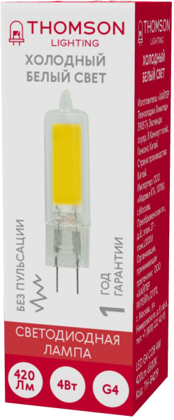 Лампа светодиодная Thomson TH-B4219 4Вт цок.:G4 капсул. 220B 6500K св.свеч.бел.хол. (упак.:1шт)