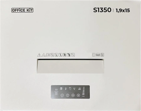 Шредер Office Kit S1350 1,9х15 белый (секр.P-5)/фрагменты/30лист./135лтр./скобы/пл.карты/CD