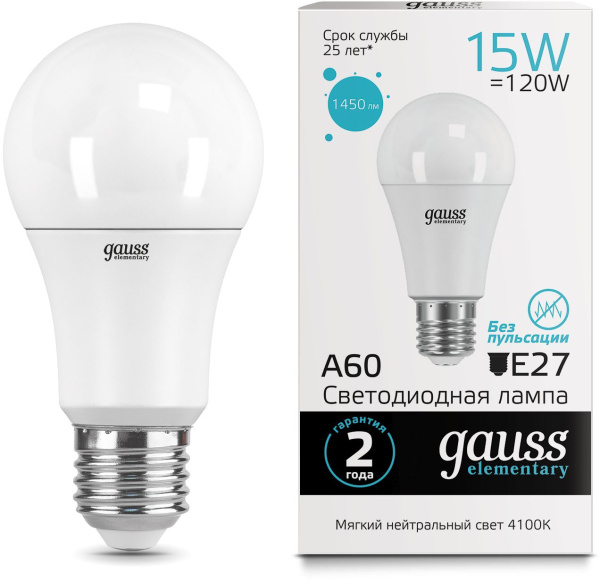 Лампа светодиодная Gauss Elementary 15Вт цок.:E27 груша 220B 4100K св.свеч.бел.нейт. A60 (упак.:10шт) (23225)