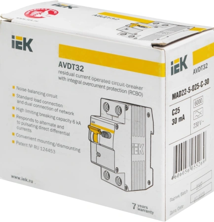 Выключатель автом. дифф. тока IEK MAD22-5-025-C-30 АВДТ 32 25A тип C 6kA 30мА A 1П+Н 230В 2мод белый (упак.:1шт)