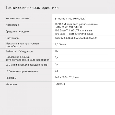 Коммутатор Digma DSW-308FE (L2) 8x100Мбит/с неуправляемый